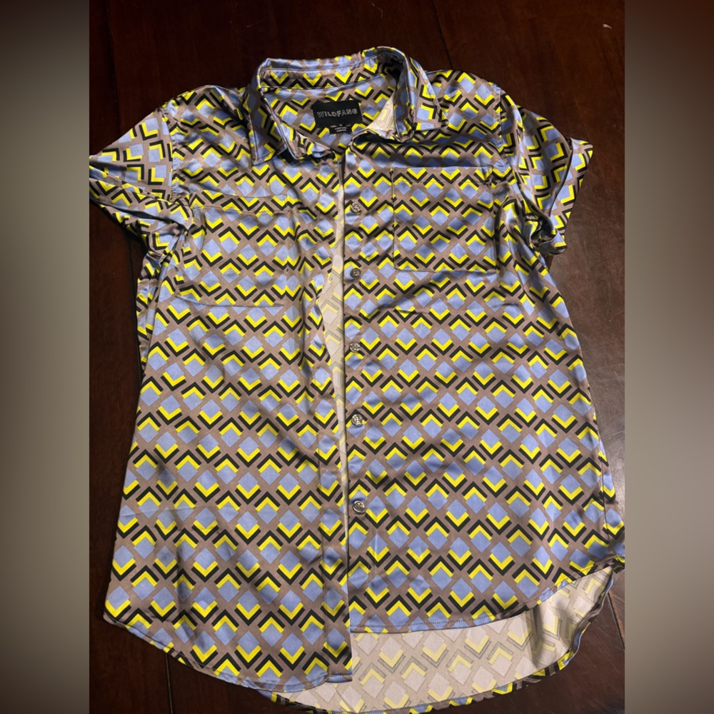 Wildfang Geometric Patterned Button Down Shirt - Blue, Yellow, White